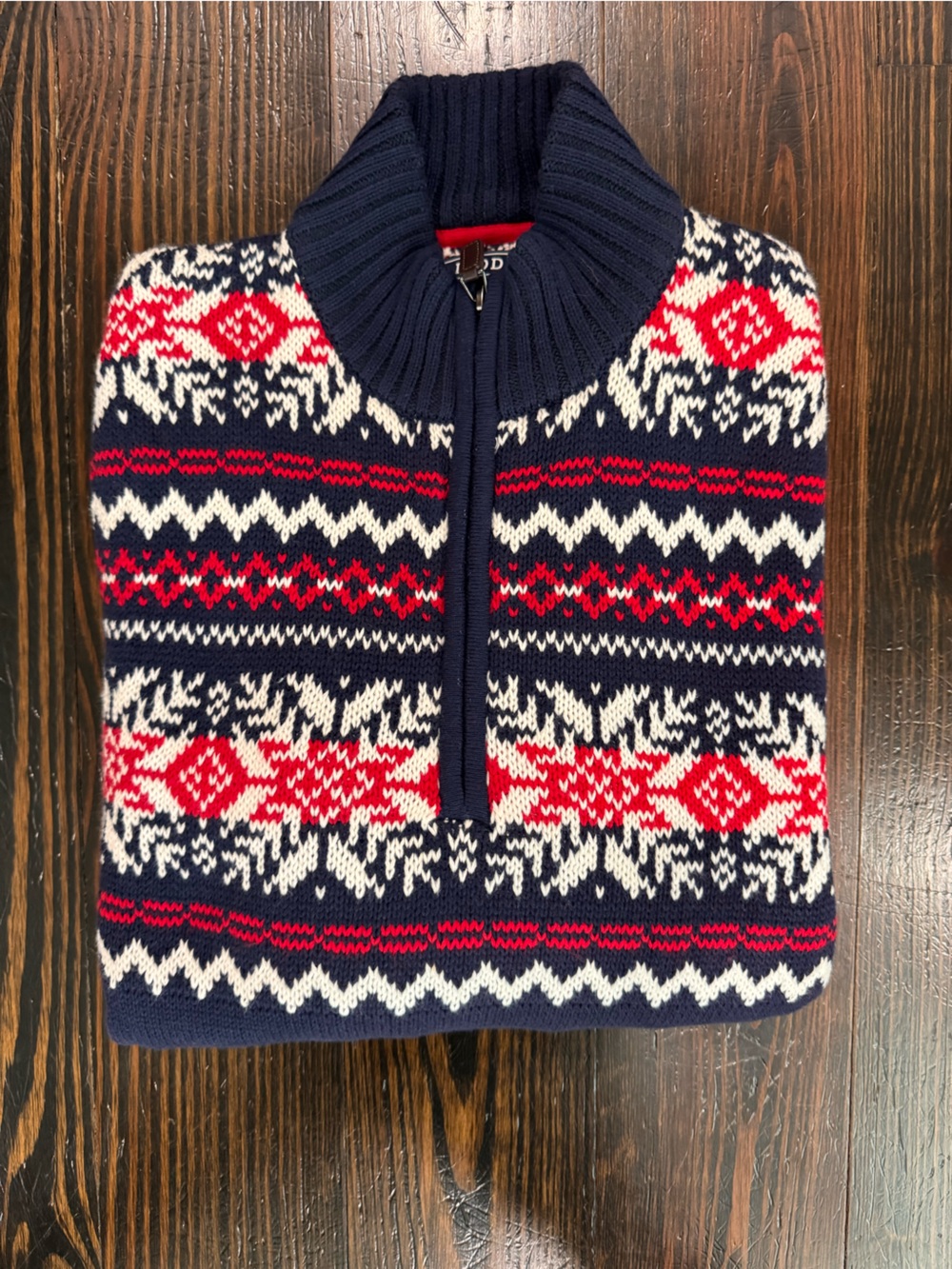 Izod Fair Isle Sweater Mens Size Medium  Navy, Red & White